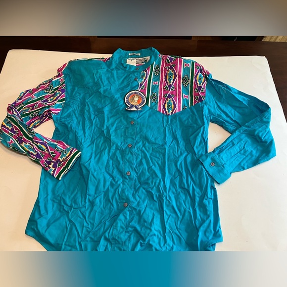 Vintage Side Saddle Western Shirt Button L 90s Grandad Collar Womens Blue NEW! - Picture 1 of 12